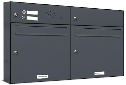 AL Briefkastensysteme 2er Briefkastenanlage mit Klingel Anthrazit Grau RAL 7016, Premium Doppel-Briefkasten DIN A4, 2 Fach Postkasten modern Aufputz