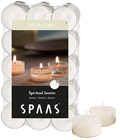 Spaas 30 Duftenden Clearlights, Teelichter mit durchsichtigem Halter, ± 4,5 Stunden - Spiritual Jasmin