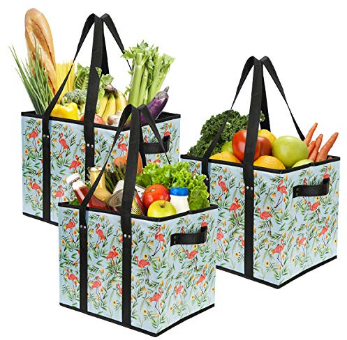 Foraineam 3-Pack Extra Large Reusable Grocery Bags Tropical Flamingo Pattern Durable Heavy Duty Grocery Totes Bag Storage Box Bins Collapsible Grocery Shopping Box Bags with Reinforced Bottom