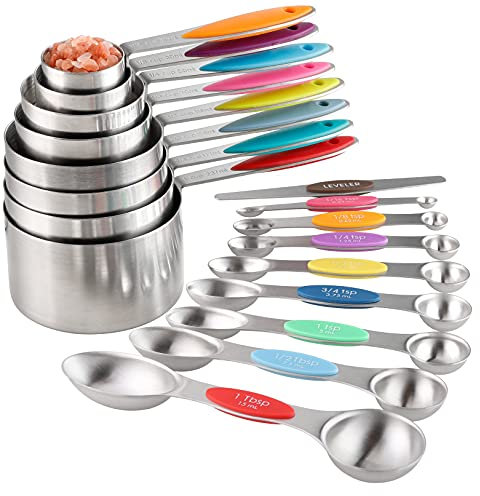 Turewin Messbecher-Set: 8 stapelbare Edelstahl-Messbecher (1 Tasse bis 1/16 Tasse), 8 doppelseitige magnetische Messlöffel (1/16 TL bis 1 EL) mit Nivellierer für trockene und flüssige Zutaten - Silber