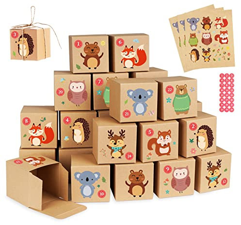 Anstore Calendriers de l'Avent, DIY Boîtes pour Calendrier de l'Avent à Remplir, 24 Papier Kraft Set de Boîtes Calendrier, avec 24 autocollants d'animaux mignons et 1-24 Chiffres Autocollants