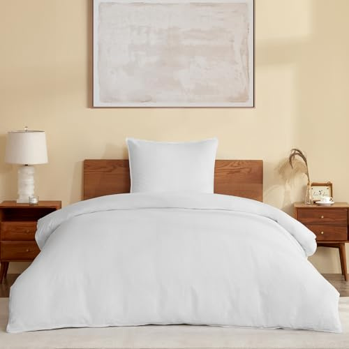DAPU Biancheria da letto in lino, 100% puro lino francese, traspirante, 155 × 220 cm+1 80 × 80 cm con standard Öko-Tex 100, morbido copripiumino con chiusura lampo, bianco