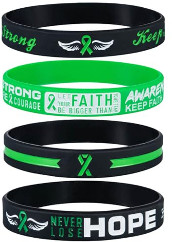 Sainstone Green Ribbon Awareness Motivational Silicone Bracelets with Inspirational Saying - FAITH, STRONG, AWARENESS, Colourful Cancer Wristbands Gifts for Men Women, Survivors, Nurses (Unisex)