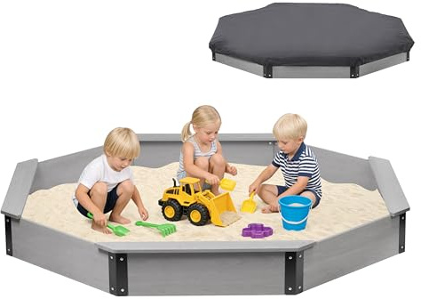 85''x78''x9'' Octagon Sandbox with Cover for Kids Outdoor Play, Wood Large Sandpit with 4 Benches, Quick Easy Install, US. Patented