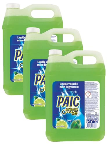 PAIC Liquide Vaisselle Fraîcheur Citron Vert, Action Nettoyante, Dégraissante et Anti-Odeur, Format Économique, Bidon de 5L (Lot de 3)