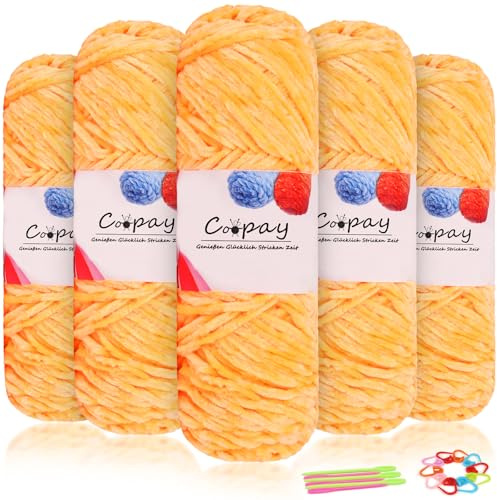 Coopay - Hilo de chenilla aterciopelada para tejer a ganchillo, 500 g (5x100 g), hilo grueso para tejer, lana suave y aterciopelada con accesorios para tejer para bufandas, mantas - naranja