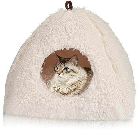 Kattgrotta kattsäng katthus gosig grotta CATISM vikbar tvättbar bekväm kattsovplats för katter, kattungar, valpar med avtagbar kattkudde, beige | Inomhus katthus mjuk avtagbar och tvättbar kudde, varmt tyg, bekvämt skydd för katter