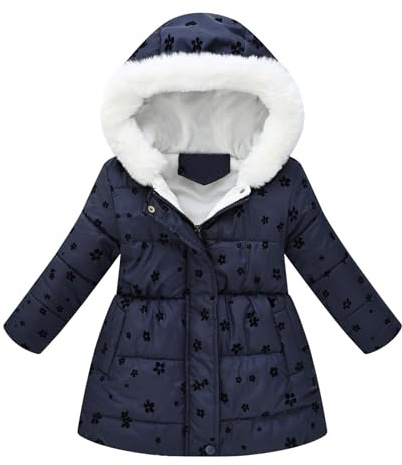 Vuncio Manteau Long Hiver Fille 2-10 Ans Fashion Parka Veste Doublé Polaire Enfant Fille Chaude Avec Capuche Zippée épaisse Coton Confortable Mignon Coat Hooded Jacket (6-7 ans, Navy-6)