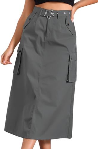 Allegra K Midi Cargokjol för kvinnor lång rak kjol med dragkedja med fickor Y2K trendig vintage jeanskjol, Färg: grå, L