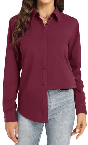 J.VER Womens Shirts Stretch Long Sleeve Regual Fit Plain Cotton Button Down Shirt Business Work Office Tops Wrinkle Free Ladies Blouse Burgundy M