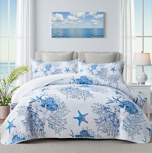 weesire Coastal Bedding - Edredón costero con Funda de Almohada, Juego de edredón náutico para Playa, cubrecamas oceánicos, Colcha Azul con Estrellas de mar, Ropa de Cama de Verano, 68 x 86 Pulgadas