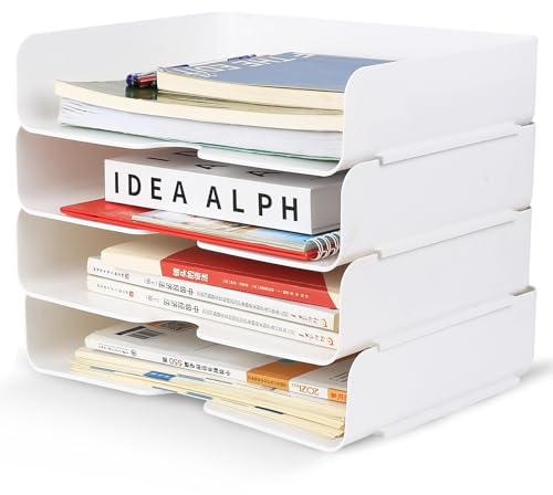 4 Pz Vaschetta Porta Documenti Ufficio Scrivania, Vaschetta Portadocumenti da Scrivania Impilabili Bianca per Organizer Documenti Lettere Porta Fogli (33 x 25 x 7 cm)