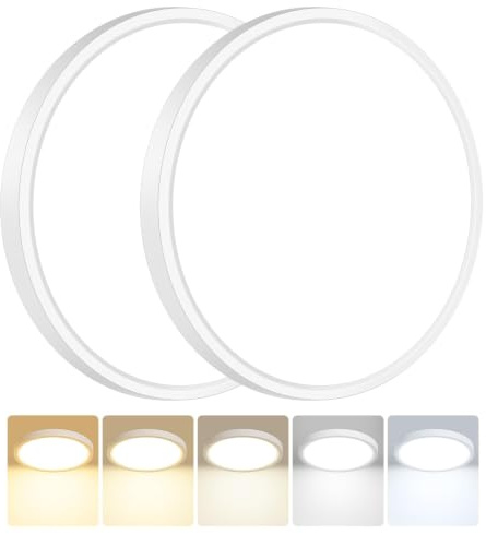 Peasur 2Pack Bathroom Light, 3000K/3500K/4000K/5000K/6500K 5 Color Temperature LED Ceiling Light, 18W 1800LM,Waterproof, Round, Modern, Flush Ceiling Light for Bathroom, Kitchen, BedroomØ22CM(White)