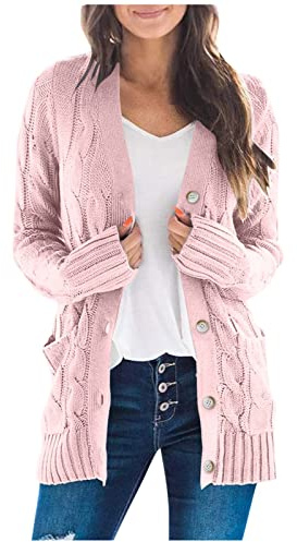 Gilet Femme Chic Et Elegant Long Gilet Grande Taille Hiver Mi Saison Veste Coton Manches Longues Pull Chaud Femme Open Front Pas Cher Cardigan Blouson Vêtements(Rose,5XL)