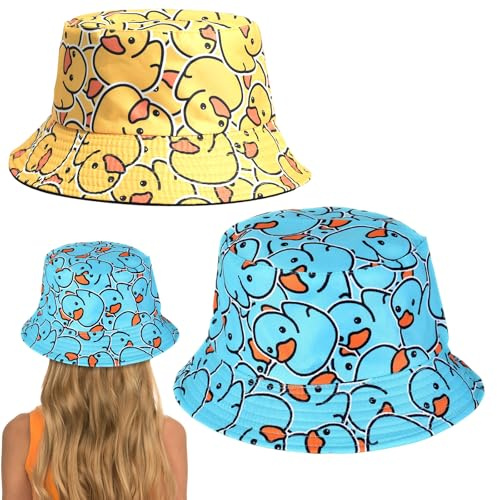 KRYMXAR 2 Stück Fischerhut, Hüte, Bucket Hat, Lustige Kopfbedeckung, Anglerhut Herren Und Festival Hut, Enten Reversibel Und Wendbares Für Karneval, Strand Und Outdoor-Aktivitäten