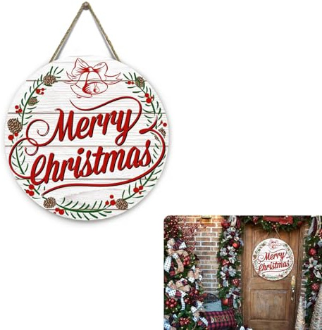 Targa rotonda in legno per porta di Buon Natale, auguri di buone feste, decorazioni natalizie per la casa, cartello appeso, porta d'ingresso, cortile e decorazione del ristorante，30 * 30cm