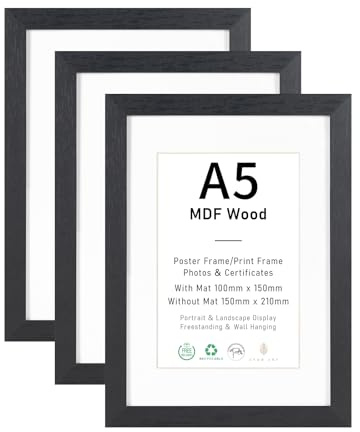 ATOBART Cadres photo A5 noir bois lot de 3 cadres photo, 15 x 21 cm cadre en bois MDF avec verre acrylique à accrocher ou à poser, pour photos, œuvres d'art et posters