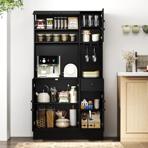 GIANTEX Küchenschrank mit Ladestation, Buffetschrank mit Steckdosen & Type C- & USB-Anschlüsse, Küchenbuffet Hochschrank mit verstellbaren Regalen & Schublade, Aufbewahrungsschrank Küche 90x39x167 cm