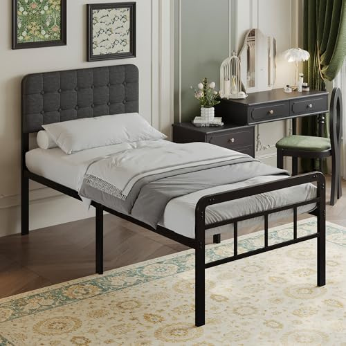 EMODA Struttura letto in metallo con testiera e pediera imbottite, struttural letto singolo alta 46 cm, 80 x 190 cm con supporto a doghe in acciaio resistente, silenziosa, facile da montare