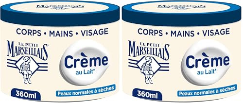 Le Petit Marseillais Crème Hydratante Multi-Usage Lait (pot de 360 ml) – Crème corps, mains et visage pour les peaux normales à sèches – Soin hydratant 48h avec 95% d'ingrédients d'origine naturelle