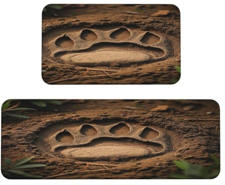 Vintage Wildlife Paw Prints Kitchen Rugs Set of 2, Cushioned Anti-Fatigue Kitchen Mats for Floor, Waterproof Comfort Standing Mat Absorbent Velvet Kitchen Runner Rugs 17x30+17x47