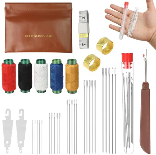 Juego de 42 agujas de coser, 30 agujas de coser de acero inoxidable con ojal grande, agujas de acero con enhebrador de aguja para proyectos de costura a mano, enhebrador de agujas para principiantes y