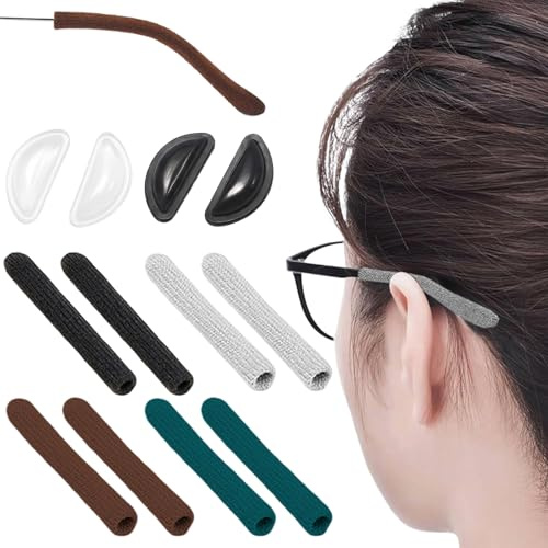 8 Paires Accessoires Lunettes - 4 Protège Branche Lunette Anti Glisse et 4 Plaquettes de Nez à Coussin d'Air, Manchon Branche Lunette et Patins Lunettes pour Confort et Maintien, Noir/Gris/Vert/Café