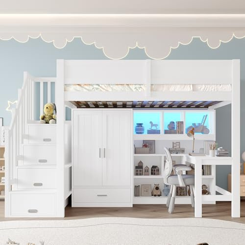 Moimhear Cama alta con escritorio y estantería, 90 x 200 cm, cama de madera de pino + MDF, con armario y escalera de almacenamiento, color blanco, sin colchón