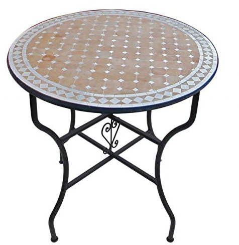 Saharashop Mediterraner Mosaiktisch Rund Ø 80 cm Beige, Terrassentisch, Gartentisch, Mediterraner Fliesentisch, Beistelltisch-Handarbeit, Balkontisch Bistrotisch Kaffeetisch