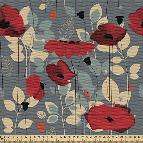 ABAKUHAUS Mohn Gewebe als Meterware, Moderner Blumengarten, Schön Gewebten Stoff für Polster und Wohnaccessoires, 1M (148x100cm), Beige Grau Rot