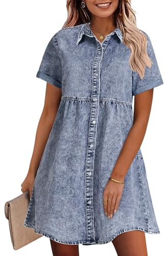 GRAPENT Flowy Summer Dresses for Women 2025 Blue Denim Shirt Dress Short Sleeve Dresses for Women Color Bay Blue Baggy Oversized Jean Dress for Spring & Summer Medium Size 8 Size 10