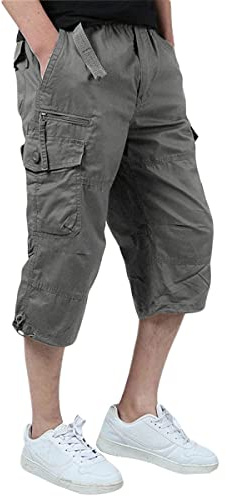 Allthemen Mens Cargo Pants Summer Cotton Cropped Trousers | Mens 3/4 Length Capri Cargo Shorts Casual Sports Outdoor Pants Loose Fit Multi-Pocket Solid Color Comfortable Breathable