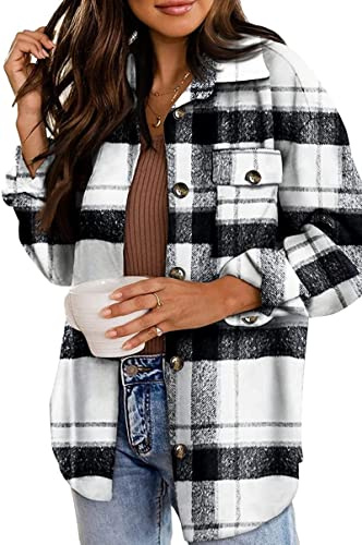 Jhsnjnr Women's Flannel Checked Shirts Oversized Long Sleeve Plaid Button Up Jackets Shacket