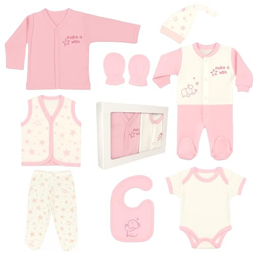 Blue Eyes nyfödd baby presentset unisex | 8 delar första kläder & babyutrustning | 100 % naturlig OEKO‑TEX® bomull | spädbarn 0–4 månader gåva babyshower (Stjärna rosa)