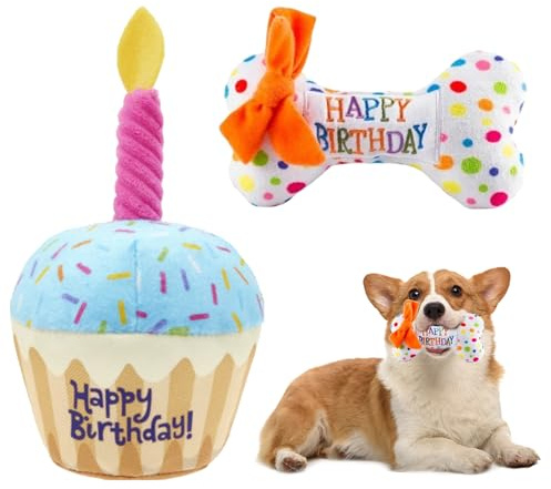 Nizirioo Jouet d'Anniversaire en Peluche pour Chien - Gâteau et Os pour Chiot et Petits