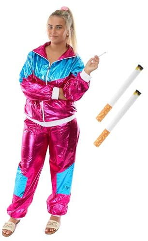 Ladies Me Julie kostym – rosa och blå träningsoverall och 2 x falska cigaretter – perfekt för utklädnad med karaktär och andra maskeradevenemang