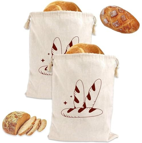 2PCS Linen Bread Bags - Large Reusable Muslin Homemade Eco Bread Storage Bags with Drawstring