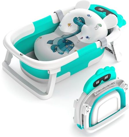 Foldable Baby Bath Tub,Baby Essentials for Newborn Bathtub with Non-Slip Support Cushion Travel Portable Collapsible Bathtub for Newborns 0-24 Months Infants and Toddler(Blue)