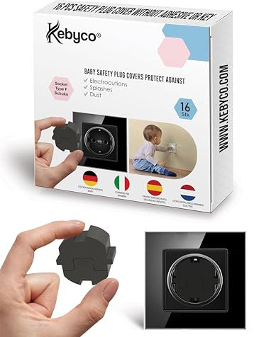 Kebyco España – Protector Enchufes Seguridad Infantil – Cubiertas Enchufes Bebé – Tapa de enchufe eléctrico para bebé sin llave ni adhesivo de innovación, antipolvo, salpicaduras (Noir)