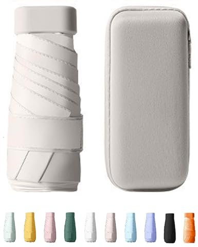 Yanrunce Mini Paraguas Plegable Con Estuche, paraguas de bolsillo, Mini Paraguas de Viaje, Protección UV, Protección Solar, paraguas plegable antiviento de 6 Costillas con organizador (Beige)