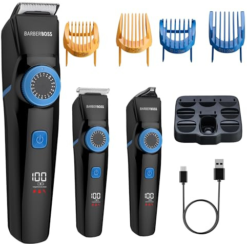 BarberBoss Recortador de barba para hombre, recortador de pelo 3 en 1, pantalla LED, 3 cabezales de corte, carga USB y diseño impermeable, kit de aseo recargable con esfera de precisión