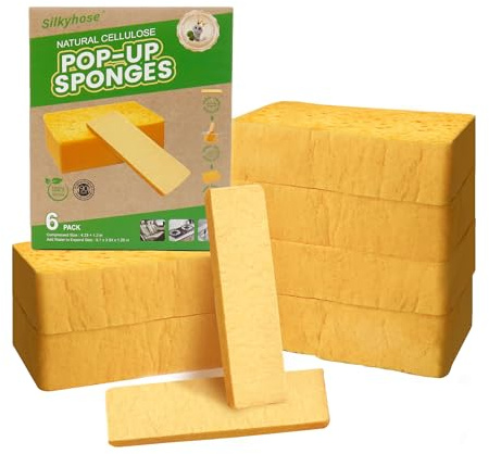 6 Pack Pop-Up Cellulose Sponges | Large Thick & Tear-Resistant | Biodegradable Compressed Sponges for Kitchen, Dishes, Car | Super Absorbent & Long-Lasting
