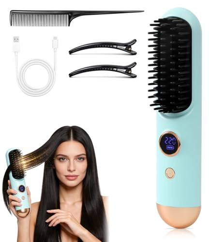 2026 Hair Straightener Brush, Cordless Hair Straightener Brush for Short Hair, Mini Portable Travel Straightening Hair Comb Brush with 9 Temps Fast Heating for Women, All Hair Types (Blue)