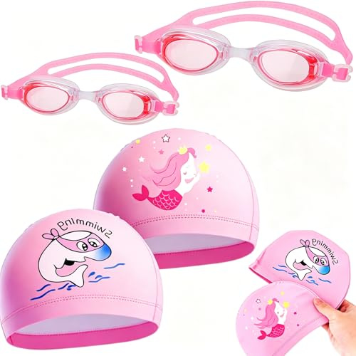 4-Piece Kids Swim Goggles and Cap Set with 2 Anti-Fog Goggles and 2 Elastic Swim Hats, UV Protection Lenses for Swimming Lessons Essentials, CPC Certified Gear for Boys and Girls