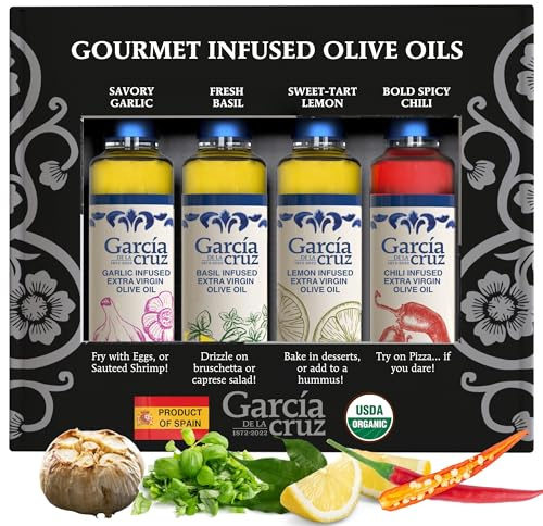Organic Flavored Extra Virgin Olive Oil Gift Set, Garlic, Basil, Hot Chili, Lemon Infused - Pack of 4 x 8.5 oz glass bottles