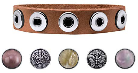 Quiges Damen Lederarmband mit 12mm Druckknöpfe/Chunks Braun Set 18-20cm