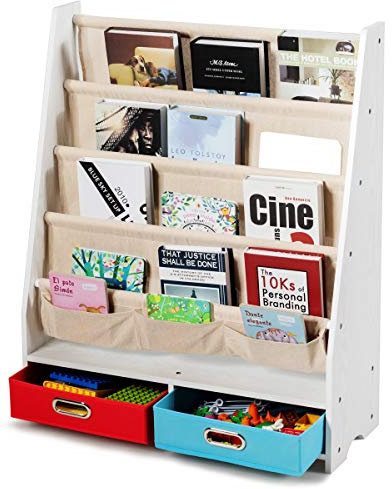 COSTWAY Kinder Bücherregal mit 5 Ablage & 2 Schubladen, Kinderzimmerregal Aufbewahrungsregal für Bücher Spielzeug, Zeitungsständer Kinderregal mit Hängefächern für Kindergarten Kinderzimmer