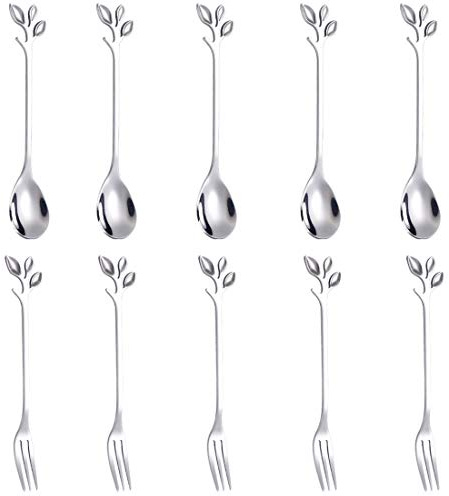 AnSaw 10 st rostfritt stål silverblad kaffesked förrättsgaffel – kreativ servis efterrättsskedar, omrörning, blandning, socker, röra, glass, frukt, kaka, tesked set (silver – 5 sked + 5 gafflar)