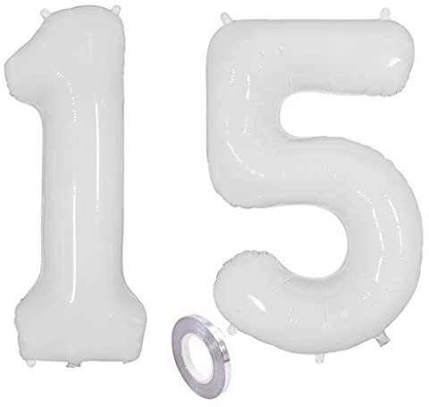 Weiß Luftballons Zahl 15. Geburtstag deko Mädchen Junge,Zahlen Ballon 15 Geburtstag deko, 40 Zoll Heliumballon 15 jahre Geburtstagsdeko Mädchen Junge Aufblasbar Helium Folienballon 15 Weiß（15）