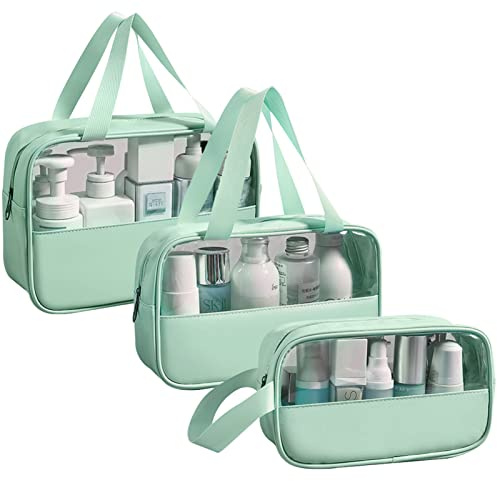 Mikytoper Clear Toiletry Bag 3 pcs, Waterproof Wash Bags Set in PVC | Large Capacity Makeup Bag with Handle, Toiletry Bags for Women with Zipper, Travel Cosmetic Bag for Men and Women